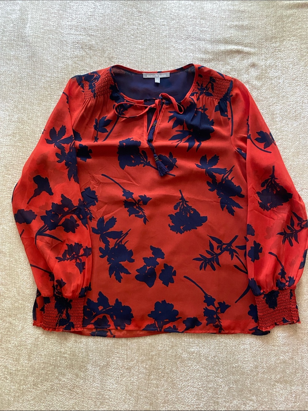 Daniel Rainn Orange Floral Tie-Neck Blouse with Navy Print